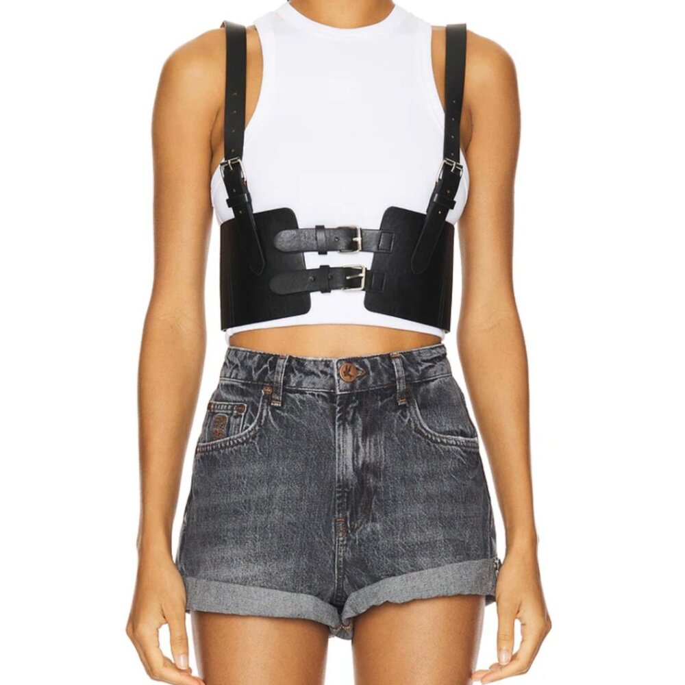 Black Faux Leather Harness with Adjustable Straps & Elastic Back Panel NWT
